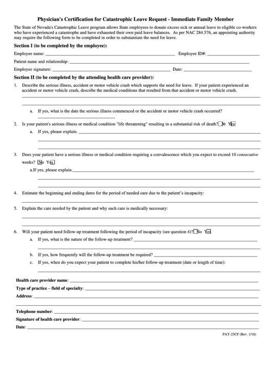 Form Pay-23cf Physician's Certification For Catastrophic Leave Request - Immediate Family Member