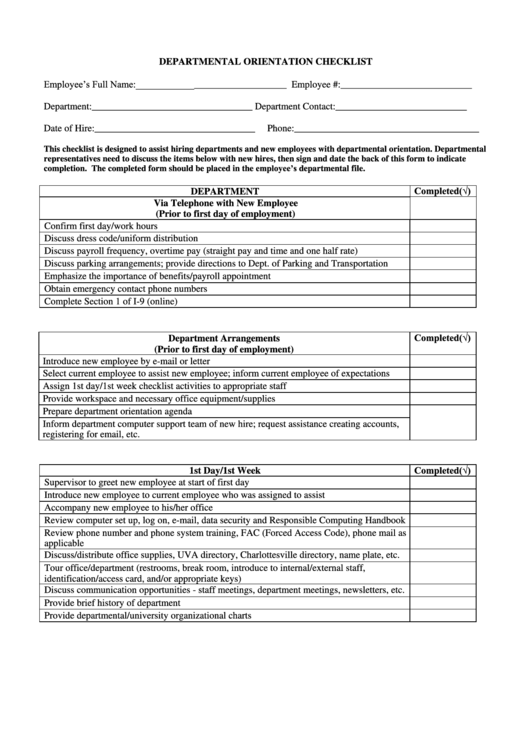 Departmental Orientation Checklist Template