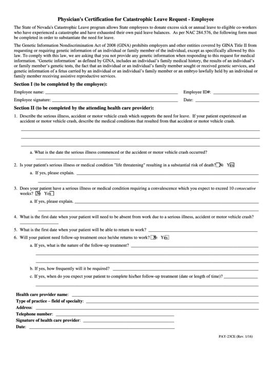 Form Pay-23ce Physician's Certification For Catastrophic Leave Request - Employee