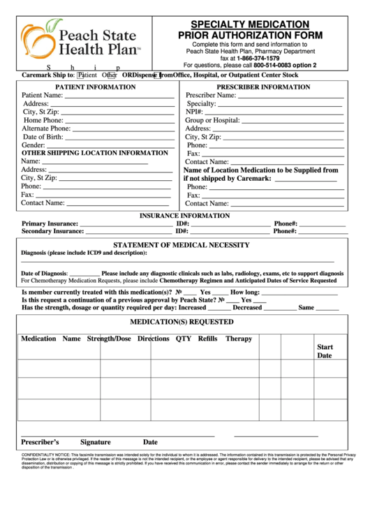 Specialty Medication Prior Authorization Form Printable pdf