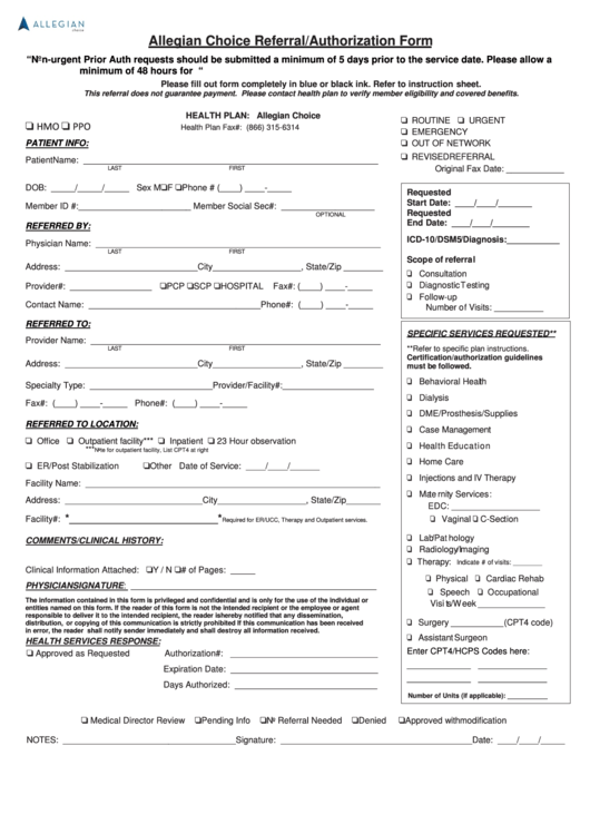 Allegian Choice Referral Authorization Form printable pdf download