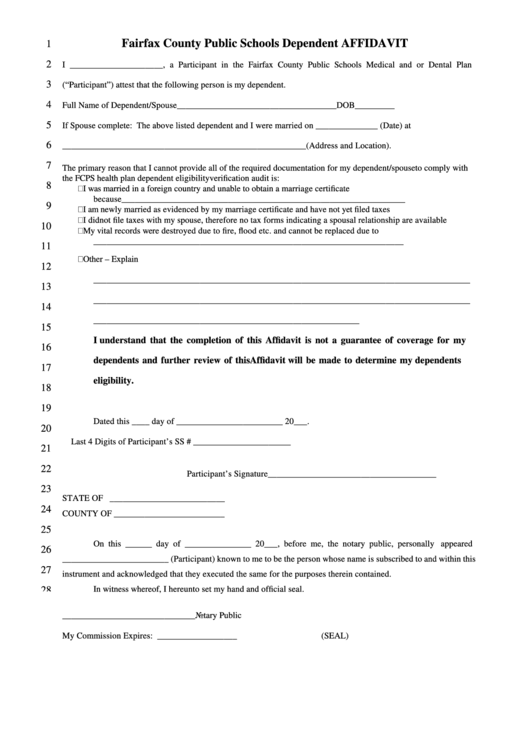 Fairfax County Public Schools Dependent Affidavit Form Printable pdf