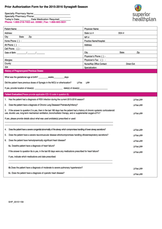 Shp_20151159 - Prior Authorization Form Printable pdf