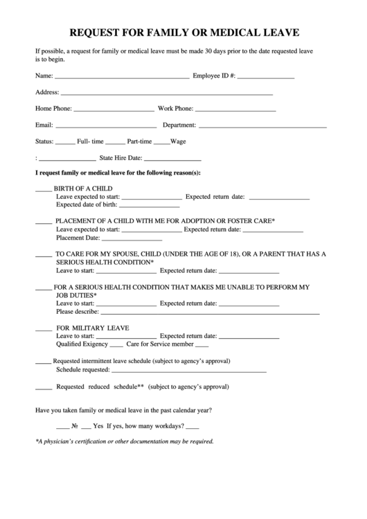 Fillable Family And Medical Leave Request Form Printable pdf