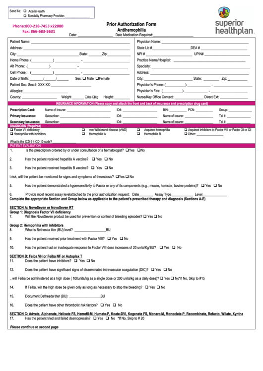 Prior Authorization Form Antihemophilia Printable pdf