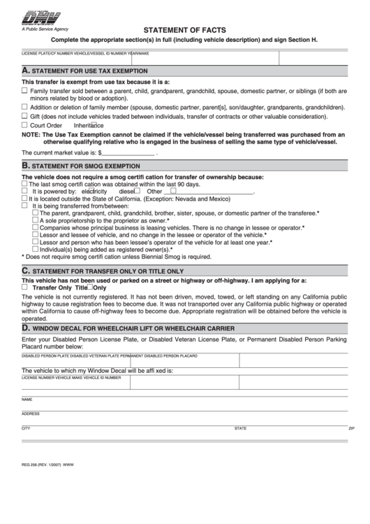 Fillable Form Reg 256 - Statement Of Facts Printable pdf