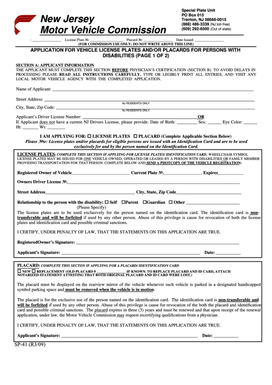 Fillable Form Sp 41 Application For Vehicle License Plates And or Placards For Persons With