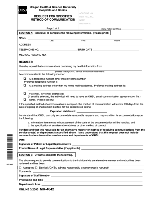 Mr-4642 - Request For Specified Method Of Communication Form Printable pdf
