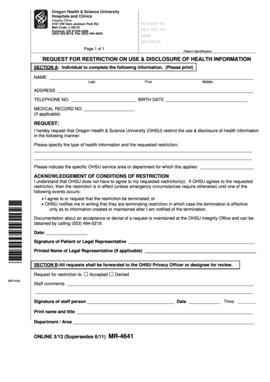 Mr-4641 - Request For Restriction On Use & Disclosure Of Health Information Form Printable pdf
