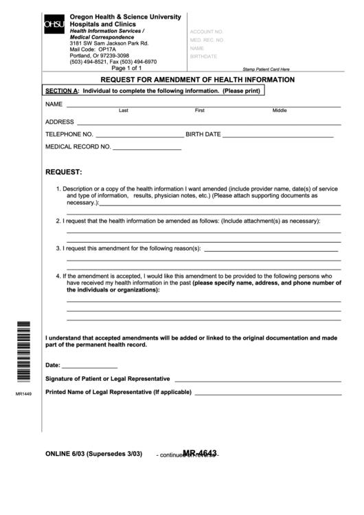 Mr-4643 - Request For Amendment Of Health Information Form Printable pdf