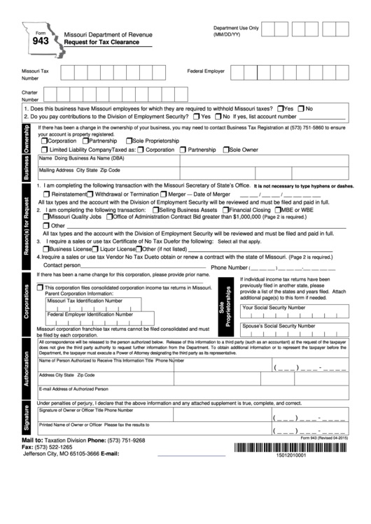 Fillable Form 943 - Request For Tax Clearance Printable pdf