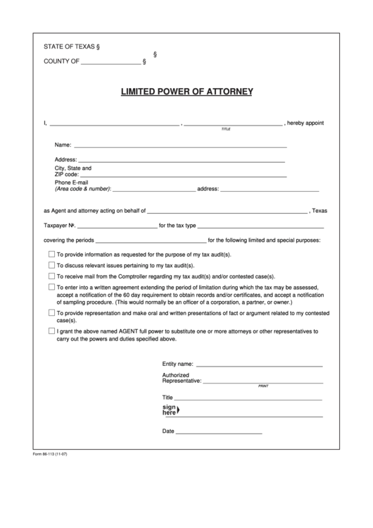 Fillable Form 86-113 Limited Power Of Attorney - Texas Printable pdf