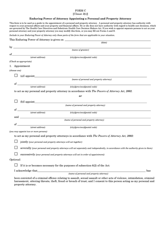Fillable Form C - Enduring Power Of Attorney Appointing A Personal And Property Attorney Printable pdf