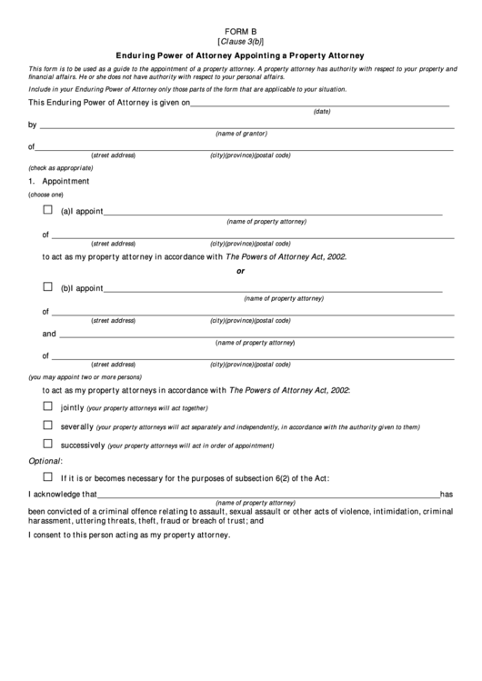 Fillable Form B Enduring Power Of Attorney Appointing A Property Attorney Printable pdf