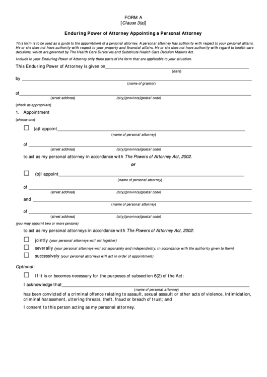 Fillable Form A Enduring A Power Of Attorney Appointing A Personal Attorney Printable pdf