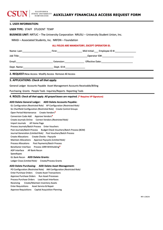 Fillable Auxiliary Financials Access Request Form Printable pdf