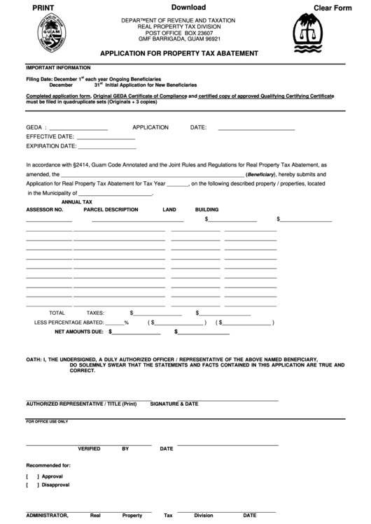 Fillable Application For Property Tax Abatement Form - Guam printable