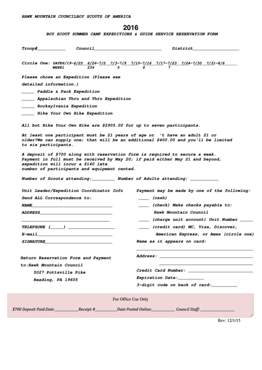 Boy Scout Summer Camp Expeditions & Guide Service Reservation Form - 2016 Printable pdf