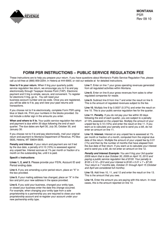 Fillable Montana Form Psr - Public Service Regulation Fee - 2010 Printable pdf