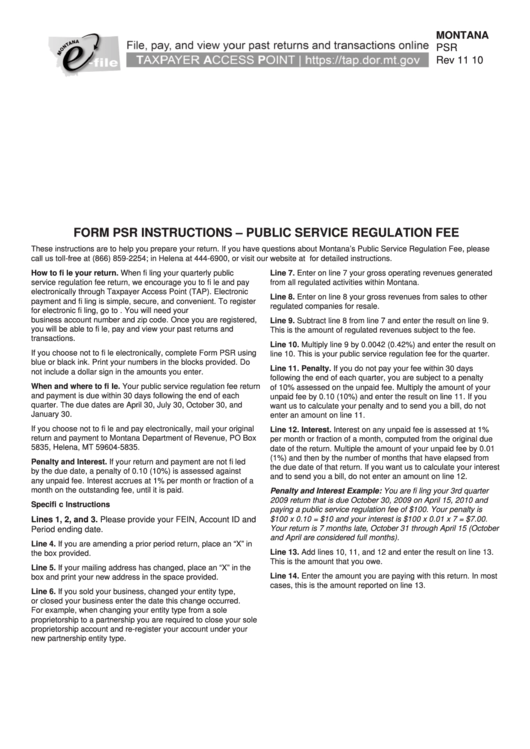 Fillable Montana Form Psr - Public Service Regulation Fee - 2010-2011 Printable pdf