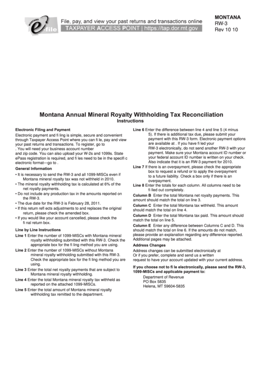 Fillable Form Rw-3 - Montana Annual Mineral Royalty Withholding Tax Reconciliation - 2010 Printable pdf