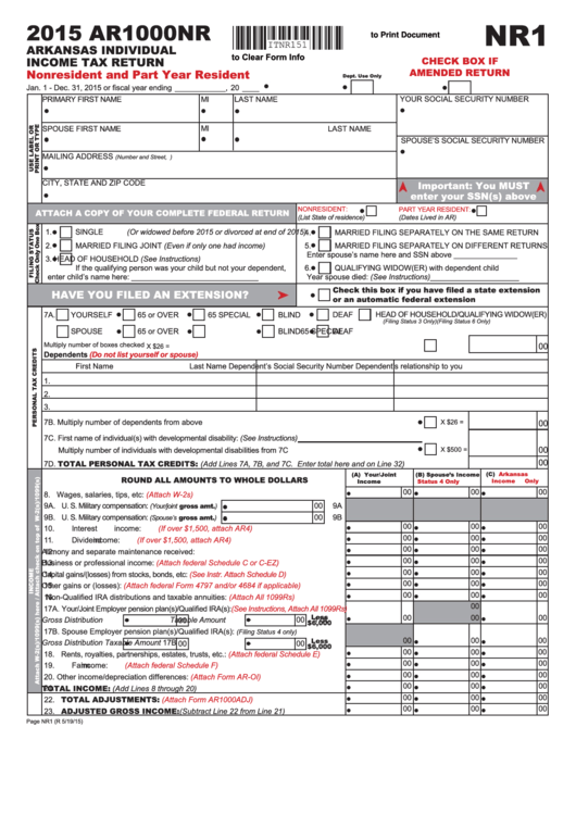 Fillable Form Ar1000nr - Arkansas Individual Income Tax Return 2015 Printable pdf