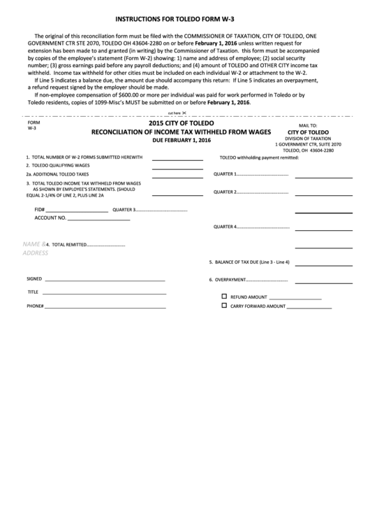 Fillable Form W-3 - Reconciliation Of Income Tax Withheld From Wages - 2015 Printable pdf