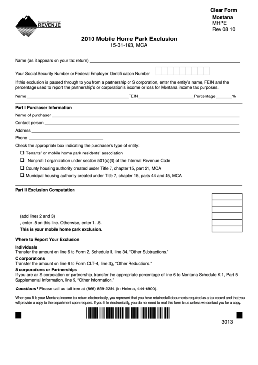 Fillable Form Mhpe 2010 Mobile Home Park Exclusion Printable pdf