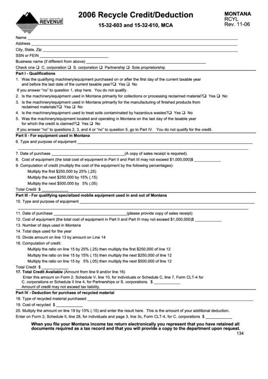 Fillable Form Montana Rcyl - 2006 Recycle Credit/deduction printable ...