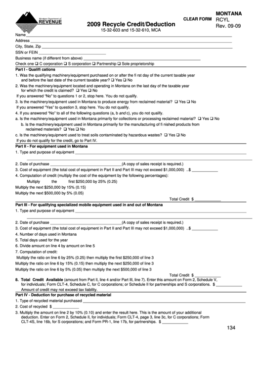 Fillable Montana Form Rcyl - Recycle Credit/deduction - 2009 Printable pdf