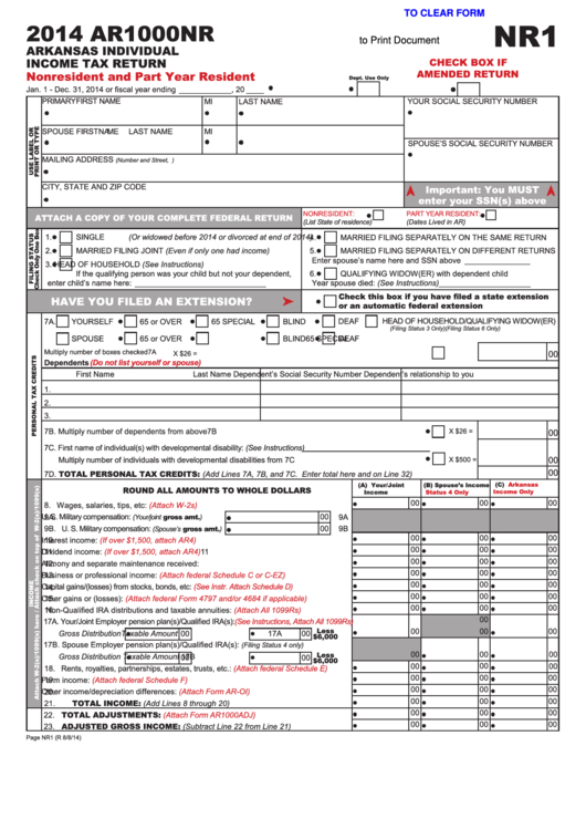Fillable Form Ar1000nr - Arkansas Individual Income Tax Return - 2014 Printable pdf