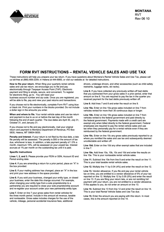 Form Rvt Instructions - Rental Vehicle Sales And Use Tax - 2010 Printable pdf