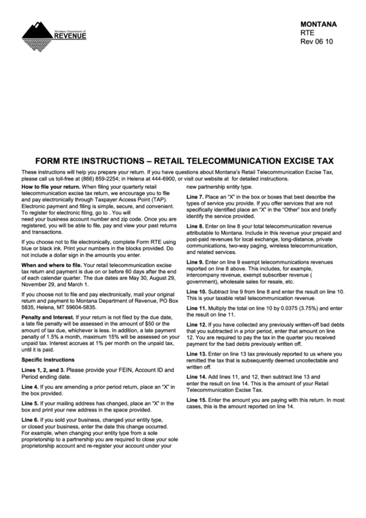 Fillable Form Rte - Retail Telecommunication Excise Tax - Montana - 2010 Printable pdf