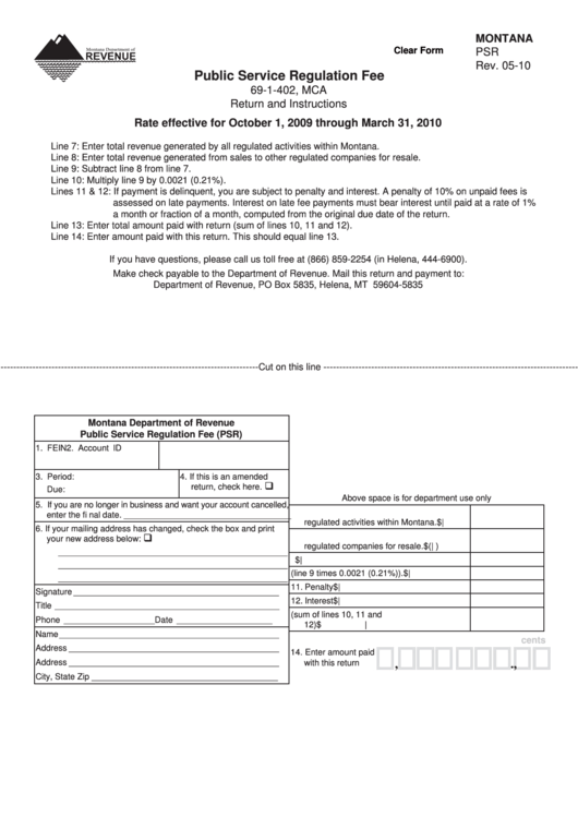 Fillable Public Service Regulation Fee Form - Montana Department Of Revenue Printable pdf
