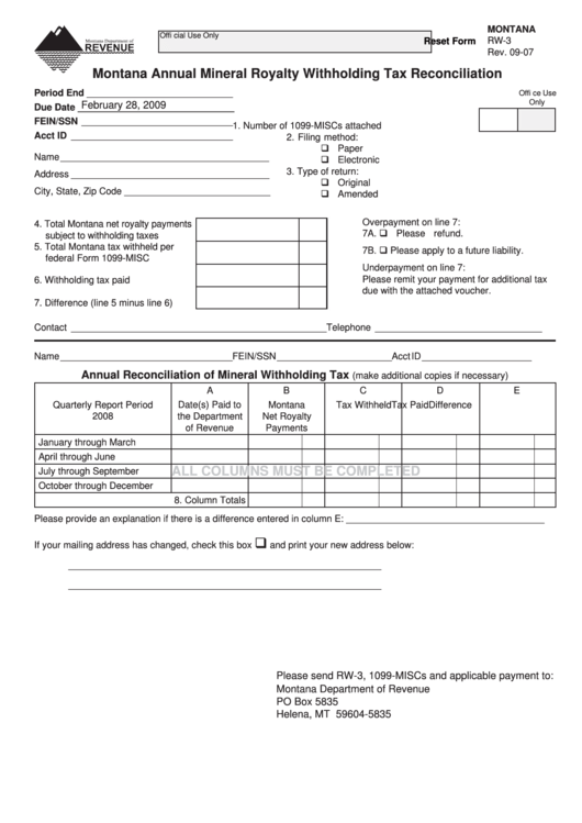 Fillable Montana Form Rw-3 - Montana Annual Mineral Royalty Withholding ...