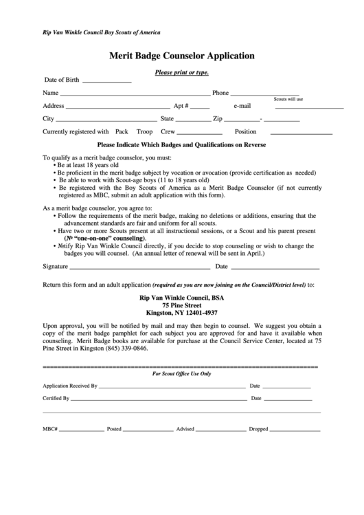 Fillable Merit Badge Counselor Application Form Printable pdf