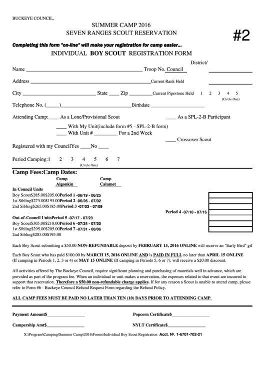 Individual Boy Scout Registration Form - 2016 Printable pdf