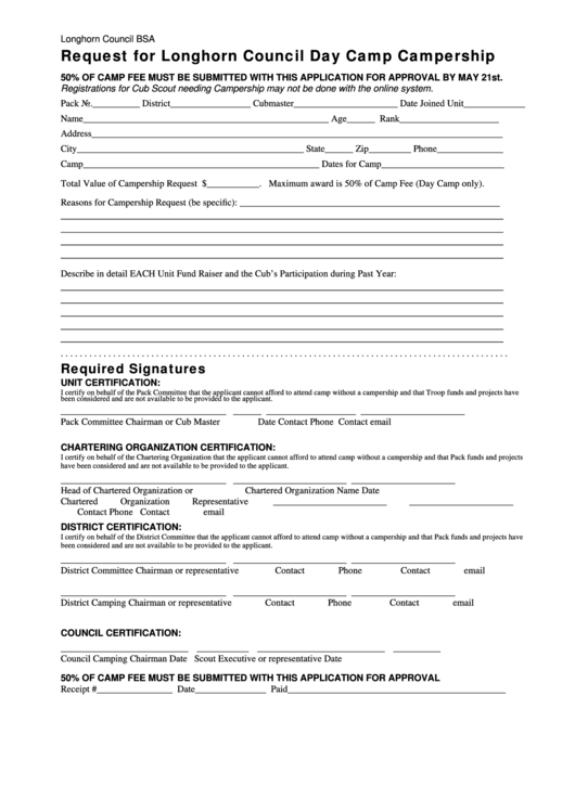 Request For Camp Form Printable pdf