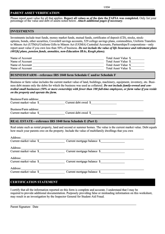 Fillable Parent Asset Verification Form Printable pdf