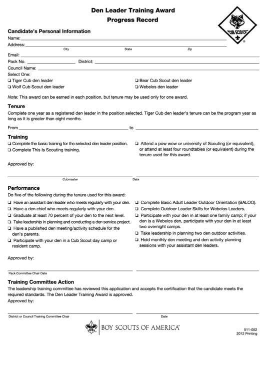 Fillable Cub Scout Den Leader Training Award Progress Record Form Printable pdf