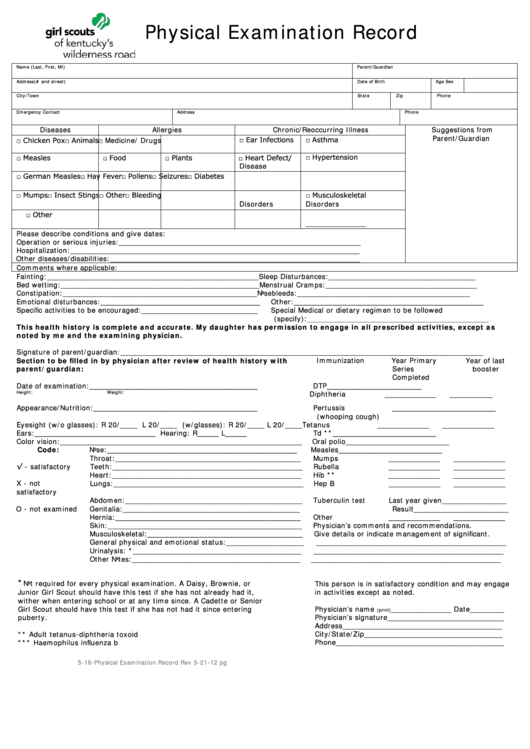 Physical Examination Record Form Printable pdf