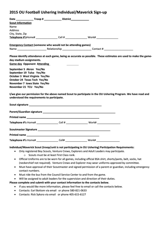 Fillable 2015 Ou Football Ushering Individual/maverick Sign-Up Form Printable pdf