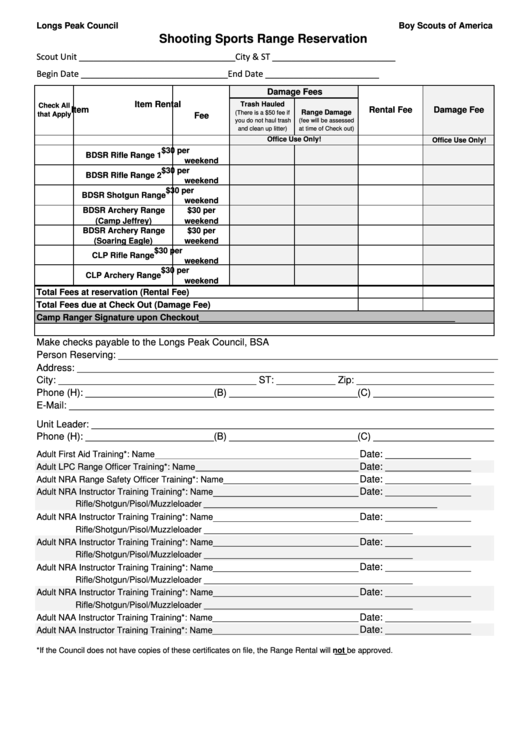 Shooting Sports Range Reservation Form Printable pdf
