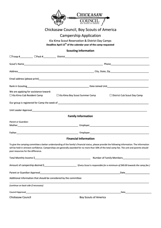 Campership Application Form Printable pdf