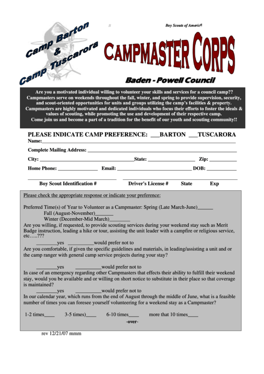 Campmaster Corps Application Form Printable pdf