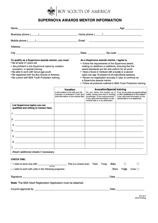 Fillable 514-017 - Supernova Awards Mentor Information Form Printable pdf