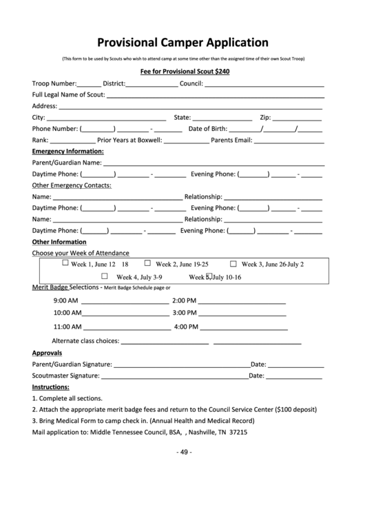 Provisional Camper Application Form Printable pdf