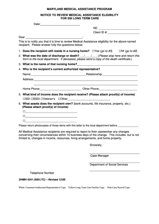 Fillable Form Dhmh 4241 (Ssi/ltc) - Notice To Review Medical Assistance Eligibility For Ssi Long Term Care Printable pdf