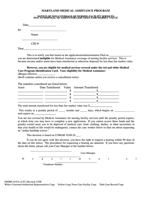 Fillable Form Dhmh-4235a - Notice Of Non-Coverage Of Nursing Facility Services - 2008 Printable pdf