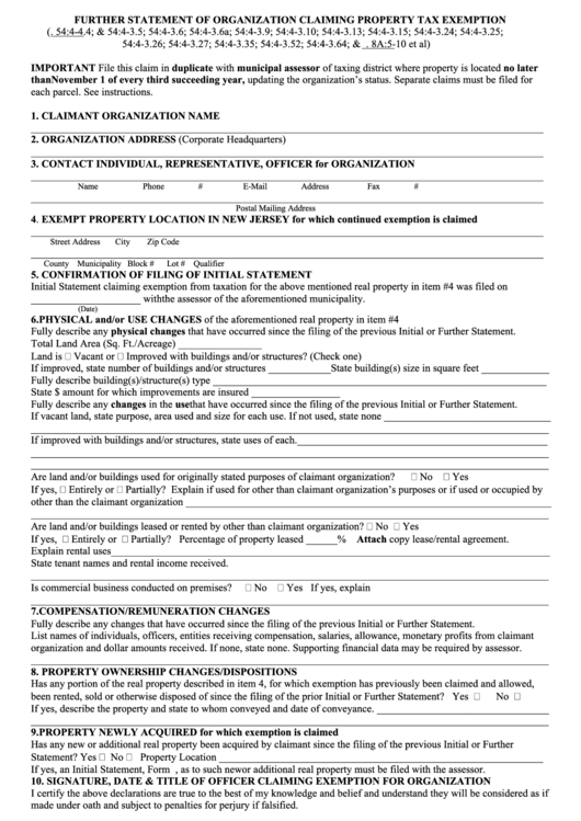 Fillable F.s Further Statement Of Organization Claiming Property Tax Exemption Form Printable pdf